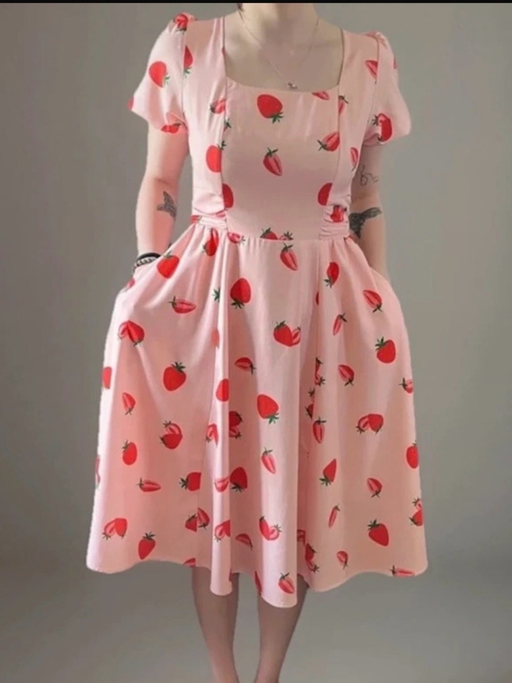 Pink Strawberry Print Midi Dress with Square Neck